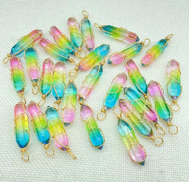 Tiger Eye Wire Winding Hexagonal Column Pendants Jewelry 24Pcs
