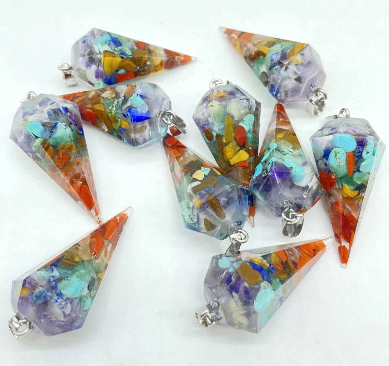 7 Chakras Resin Hexagon Pointed Cone Pendulum Pendant - 10pcs