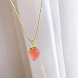 Natural Stone Quartz Red Peach Cherry Pendant Necklace For Woman