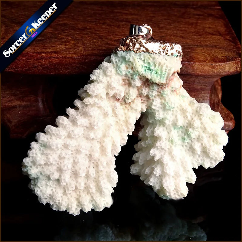 Raw Coral Pendant Necklace Druzy Elestial Specimen AA293