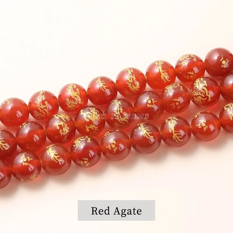 Natural Stone Red Agate Carved Dragon Bead Round Loose Spacer 8-14mm