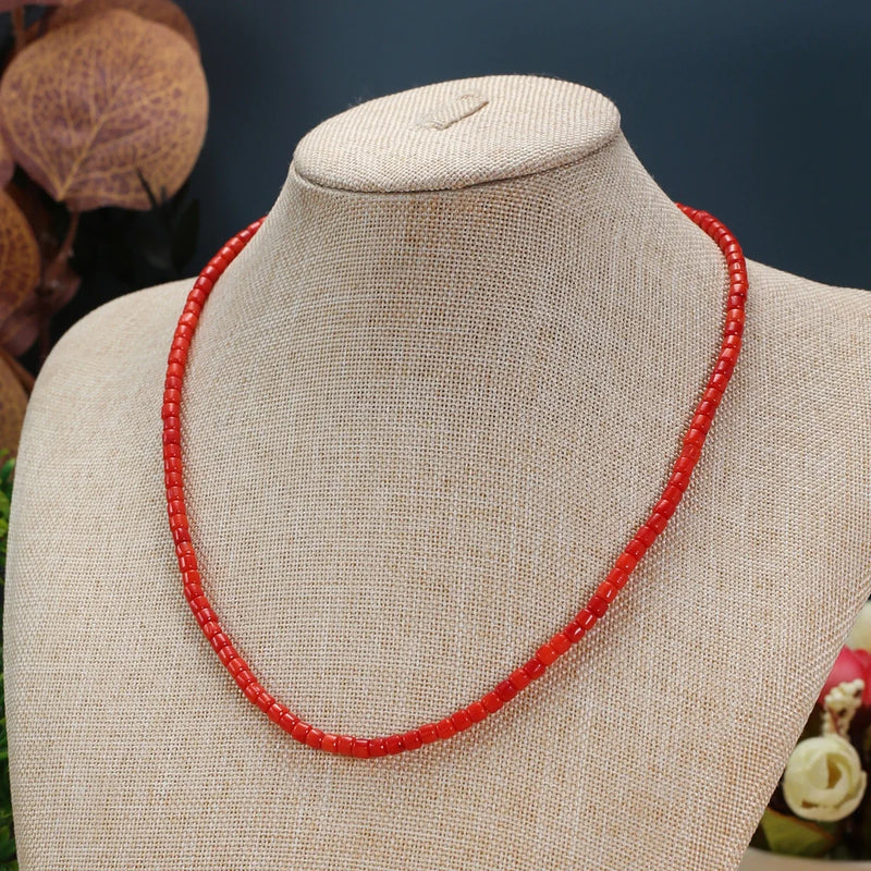 Red Coral Cylindrical Beaded Choker Necklace 38+5cm