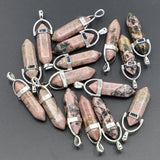Rhodonite Hexagonal Column Point Pendants Charms Quartz Crystal Necklace 24Pcs