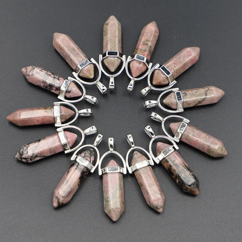 Rhodonite Hexagonal Column Point Pendants Charms Quartz Crystal Necklace 24Pcs