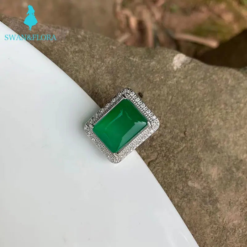 Natural Stone Ring Green Jade High Jewelry Women Fine