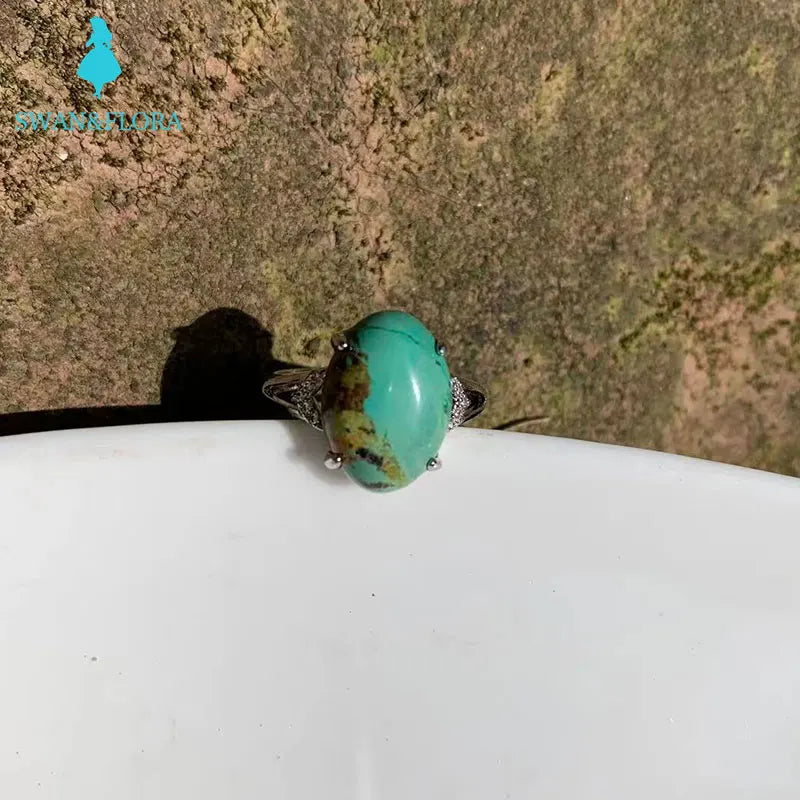 Natural Stone Ring Turquoise Jade High Jewelry Women Fine
