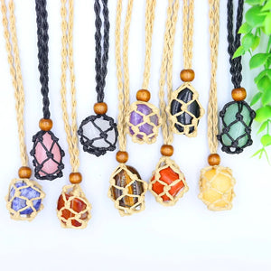 Natural Stone Rope Wrap Necklace Rose Crystal Pendant Adjustable Women Girl Jewe