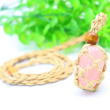 Natural Stone Rope Wrap Necklace Rose Crystal Pendant Adjustable Women Girl Jewe