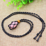 Natural Stone Rope Wrap Necklace Rose Crystal Pendant Adjustable Women Girl Jewe