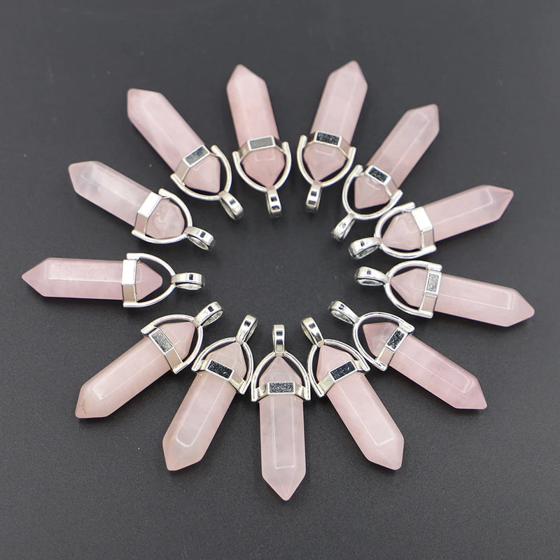 Rose Quartz Hexagonal Column Pillar Pendants 24PCS