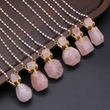 Natural Stone Rose Quartz Perfume Bottle Necklace Pearl Chain For Women