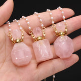 Natural Stone Rose Quartz Perfume Bottle Necklace Pearl Chain For Women