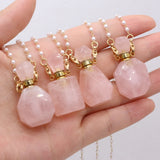 Natural Stone Rose Quartz Perfume Bottle Necklace Pearl Chain For Women