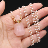 Natural Stone Rose Quartz Perfume Bottle Necklace Pearl Chain For Women