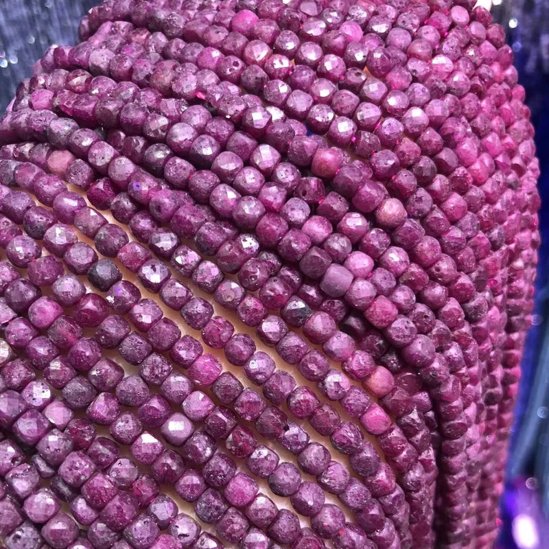 Natural Stone Ruby Faceted Cube Beads 14''