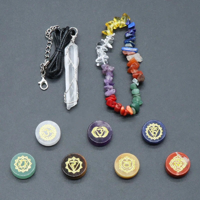 Natural Stone Chakra Yoga Bracelet with Crystal Pendant