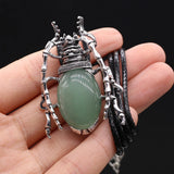 Stone Shell Inlaid Beetle Pendant Leather Rope Chain