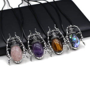Stone Shell Inlaid Beetle Pendant Leather Rope Chain