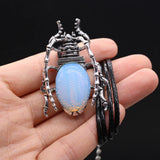 Stone Shell Inlaid Beetle Pendant Leather Rope Chain