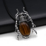 Stone Shell Inlaid Beetle Pendant Leather Rope Chain