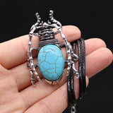 Stone Shell Inlaid Beetle Pendant Leather Rope Chain