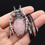 Stone Shell Inlaid Beetle Pendant Leather Rope Chain