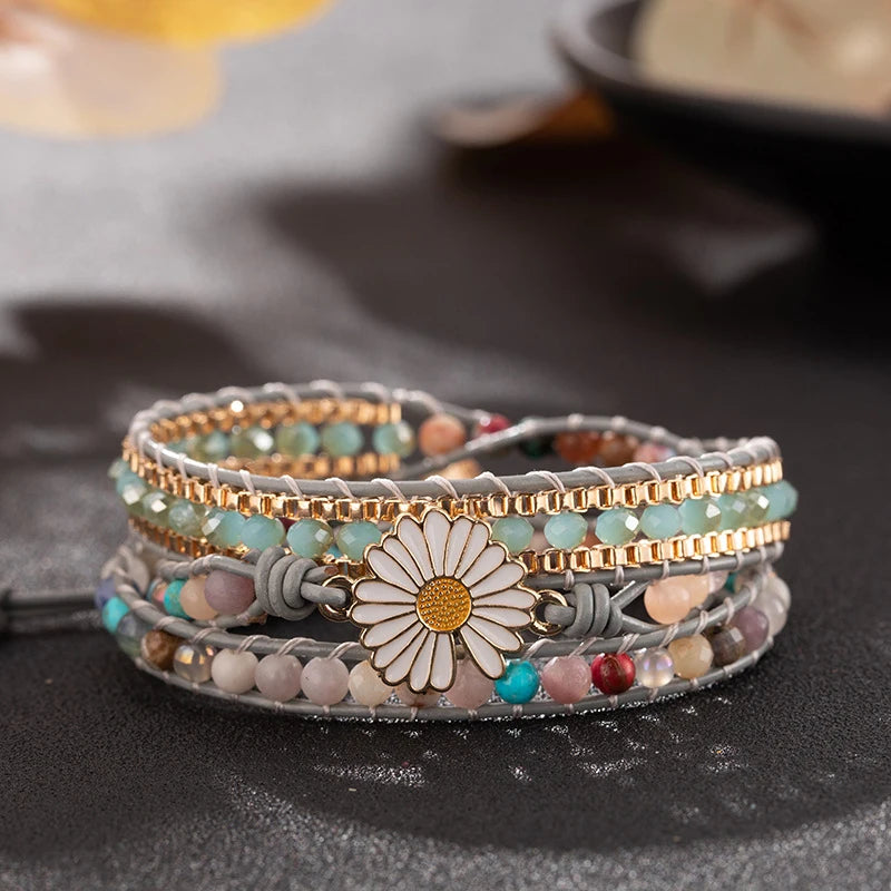 Natural Stone Small Daisies with Turquoise Bracelet Three-layer Braided Bracelet