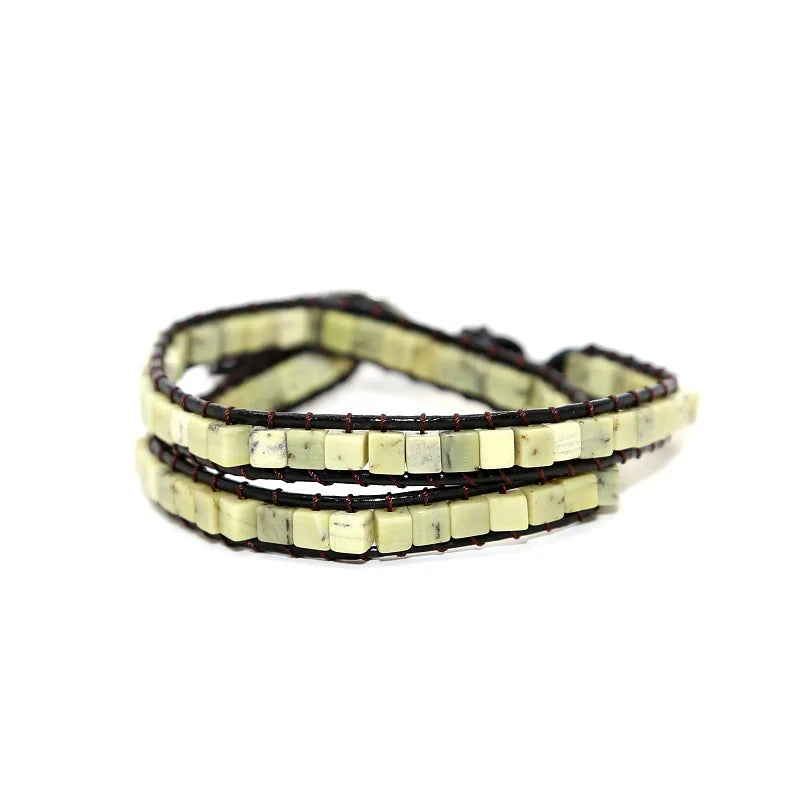 Natural Stone Square Pine Woven Bracelet Leather Rope Friendship Jewelry