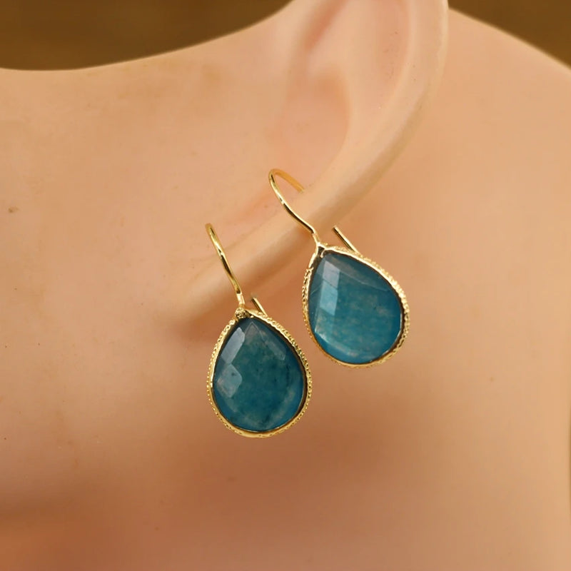 Natural Stone Teardrop Earrings Reiki Crystal Faceted Drop Beads Women Hook Eard