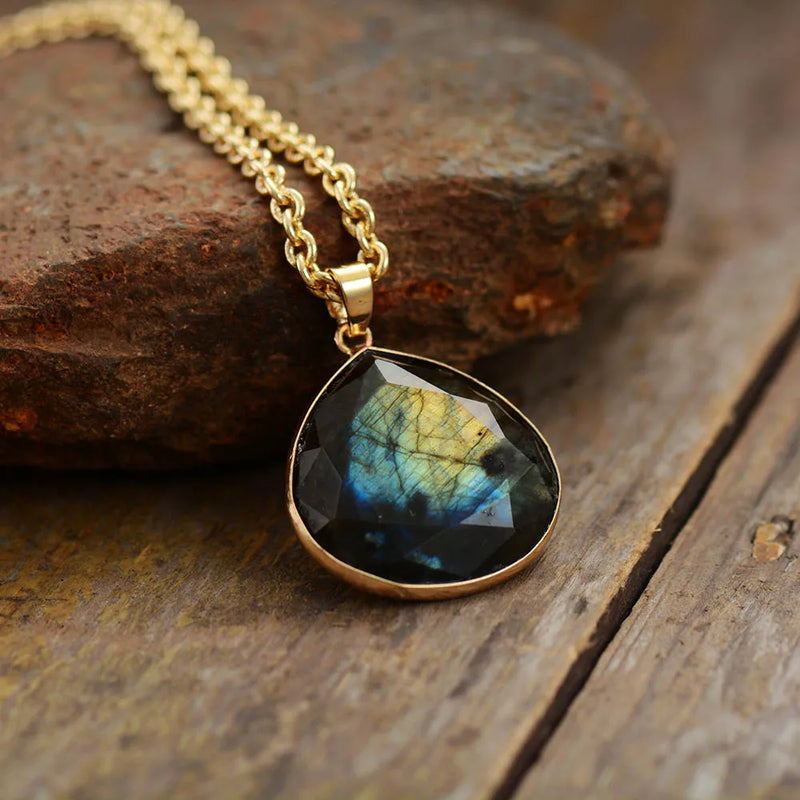 Labradorite Teardrop Pendant Necklace Natural Stone Chain