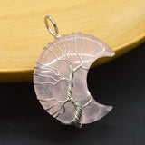 Natural Stone Tree Of Life Stone Moon Shape Pendant Silver Colour Necklace
