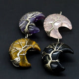 Natural Stone Tree Of Life Stone Moon Shape Pendant Silver Colour Necklace