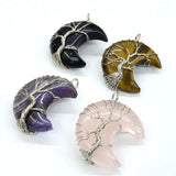 Natural Stone Tree Of Life Stone Moon Shape Pendant Silver Colour Necklace
