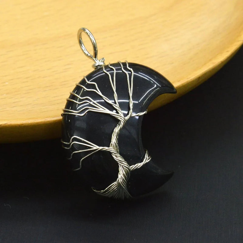 Natural Stone Tree Of Life Stone Moon Shape Pendant Silver Colour Necklace