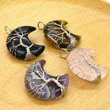 Natural Stone Tree Of Life Stone Moon Shape Pendant Silver Colour Necklace