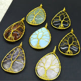 Natural Stone Tree Of Life Oval Water Drop Pendant Necklace