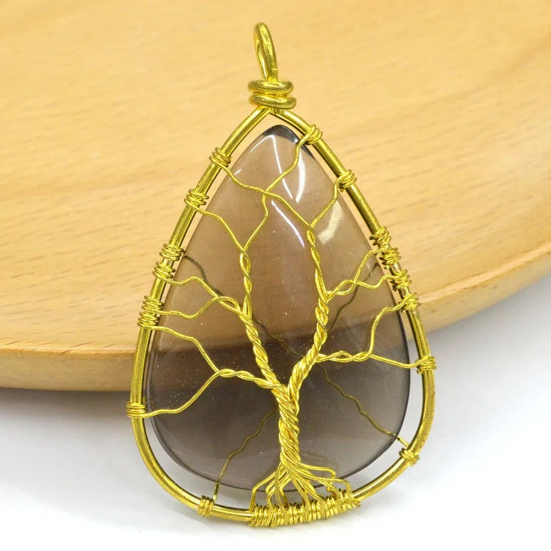 Natural Stone Tree Of Life Oval Water Drop Pendant Necklace
