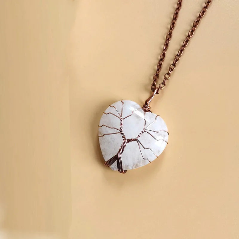 Tree of Life Pendant Necklace - Natural Stone, Copper Wire Heart