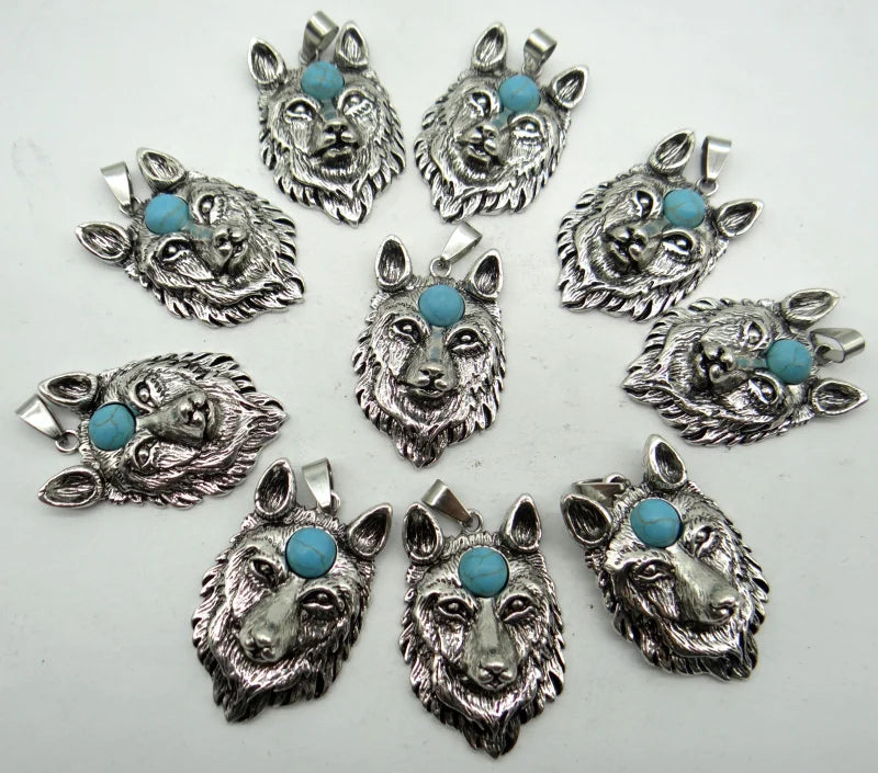 Natural Stone Wolf head Pendant for diy necklace 5pcs