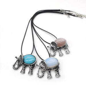 Vintage Elephant Pendant Agate Turquoise Crystal Necklace Charm