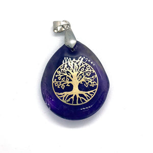 Natural Stone Water Drop Pendant Tiger Eye Copper Tree of Life Charm