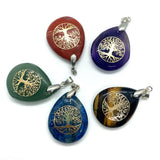 Natural Stone Water Drop Pendant Tiger Eye Copper Tree of Life Charm