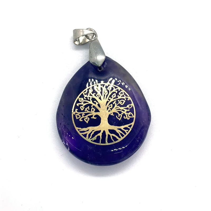 Natural Stone Water Drop Pendant Tiger Eye Copper Tree of Life Charm