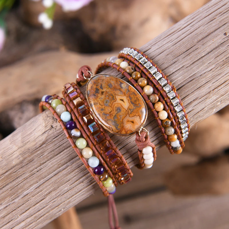 Natural Stone Wrap Bracelet Boho Style Braid Leather Jewelry