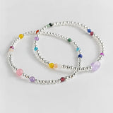 Natural Stone & Silver Beads Bracelet 925 Sterling Silver Round Ball