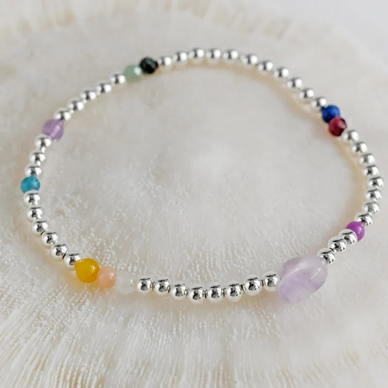 Natural Stone & Silver Beads Bracelet 925 Sterling Silver Round Ball
