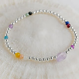 Natural Stone & Silver Beads Bracelet 925 Sterling Silver Round Ball