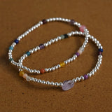 Natural Stone & Silver Beads Bracelet 925 Sterling Silver Round Ball
