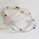 Natural Stone & Silver Beads Bracelet 925 Sterling Silver Round Ball