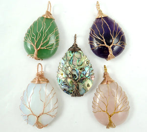 Purple Quartz Abalone Shell Pendant Tree of Life Necklace